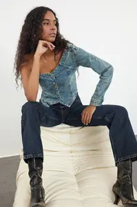 Trendyol Blue Stitch Detail Single Sleeve Asymmetrical Collar Denim Blouse