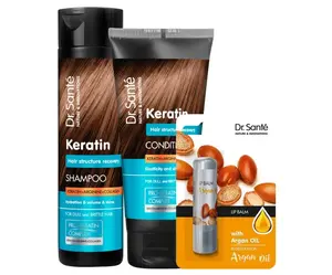 Sada pro obnovu matných a křehkých vlasů Dr. Santé Keratin - šampon 250 ml + péče 200 ml + balzám na rty zdarma + dárek zdarma
