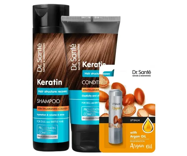 Sada pro obnovu matných a křehkých vlasů Dr. Santé Keratin - šampon 250 ml + péče 200 ml + balzám na rty zdarma + dárek zdarma