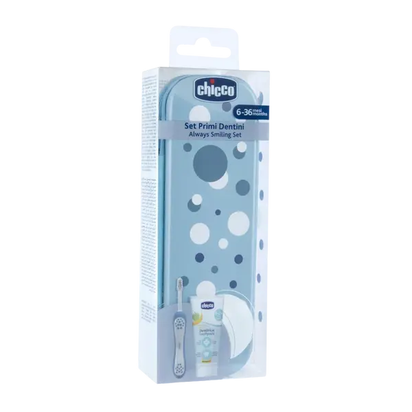 CHICCO Set zubní kartáček a pasta v pouzdře Always smiling - light blue, 6m+