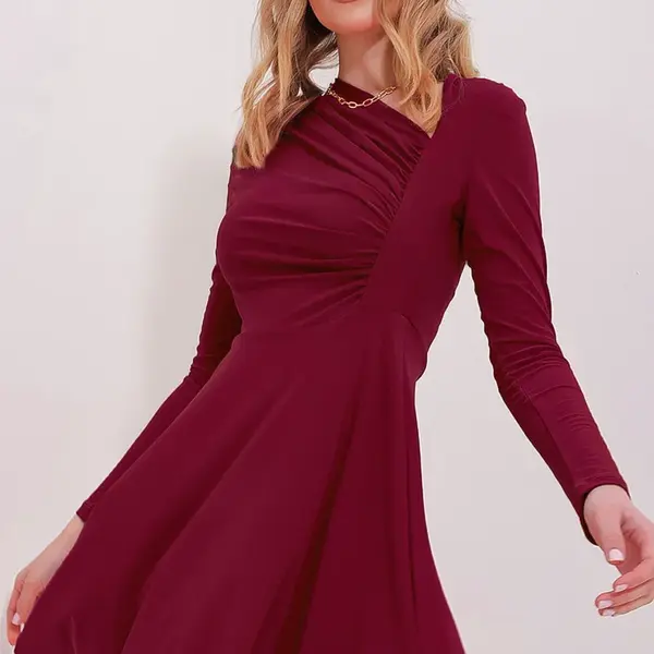 Trend Alaçatı Stili Women's Violet Asymmetric Collar Draped Sandy Flared Dress