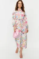 Trendyol Lilac Floral Ruffle Detail Lined Woven Chiffon Dress