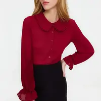 Trendyol Claret Red Baby Collar Pompom Detailed Regular Fit Woven Shirt