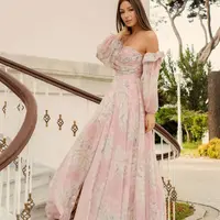Carmen Powder Printed Low Sleeve Slit Long Evening Dress