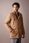 DEFACTO Slim Fit Slim Cut Hooded Plush Lining Zippered Snap Closure Pocket Coat Parka