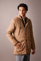 DEFACTO Slim Fit Slim Cut Hooded Plush Lining Zippered Snap Closure Pocket Coat Parka