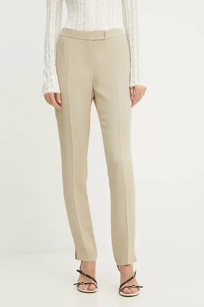 Kalhoty BOSS Tapria dámské, béžová barva, přiléhavé, high waist, 50541990