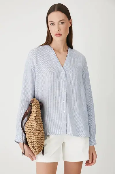 Lněná halenka Medicine modrá barva