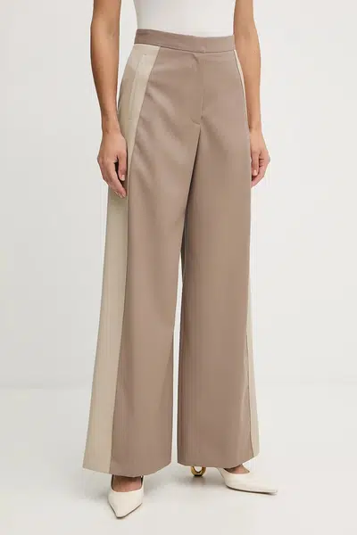 Vlněné kalhoty BOSS dámské, béžová barva, široké, high waist, 50543410