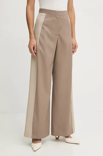 Vlněné kalhoty BOSS Tianal dámské, béžová barva, široké, high waist, 50543410