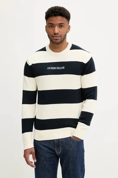 Bavlněný svetr Guess Jeans pánský, béžová barva, M4BR37 Z3HM1