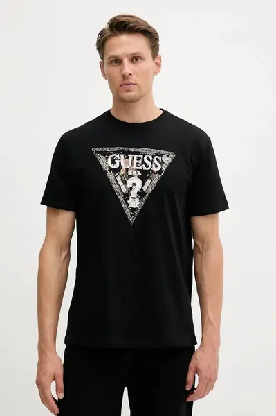 Bavlněné tričko Guess pánské, černá barva, s potiskem, M5YI15 I3Z14
