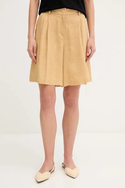 Lněné kraťasy Sisley dámské, zelená barva, high waist, 4AGHL901K