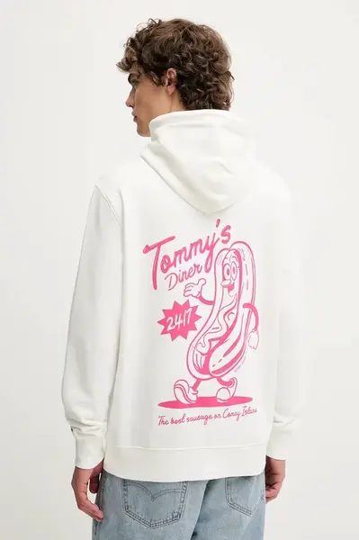 Bavlněná mikina Tommy Jeans pánská, bílá barva, s kapucí, s potiskem, DM0DM21798