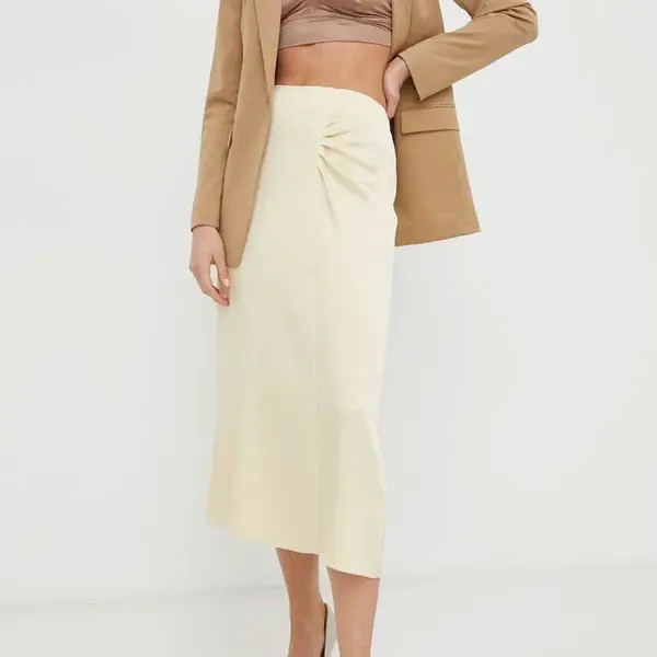 Sukně BOSS béžová barva, midi, 50508440