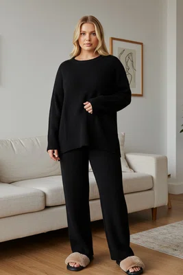 Trendyol Curve Black Ribbed Crew Neck Plus Size & Maternity Knitwear Sweater Trouser Set