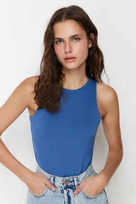 Trendyol Light Indigo Barter Neck Body-Smoothing Flexible Bottom Snap Knit Bodysuit