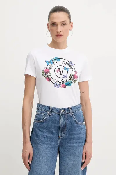 Bavlněné tričko Versace Jeans Couture dámské, bílá barva, 79HAHP01 CJ01P