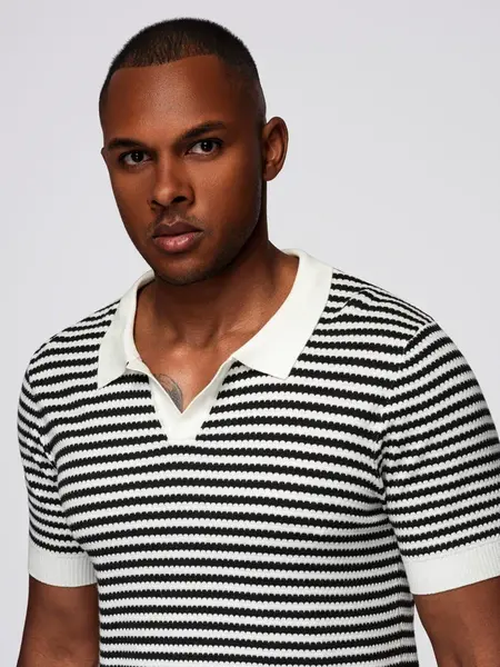 Ombre Men's knitted buttonless polo shirt with navy stripes - black and white