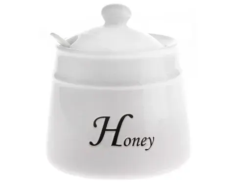 Dóza na med s lyžičkou Honey, biela keramika%