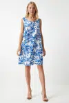 Happiness İstanbul Women's Dark Blue White Patterned Linen Viscose Mini Dress