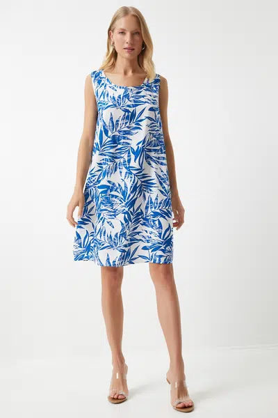Happiness İstanbul Women's Dark Blue White Patterned Linen Viscose Mini Dress