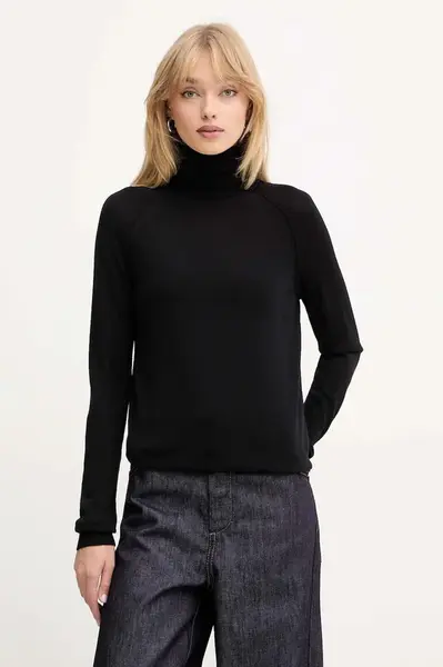 Vlněný svetr BOSS Frizani dámský, černá barva, s golfem, 50548298