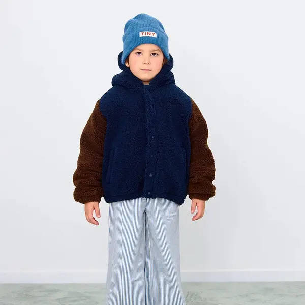 Dětská bunda Tinycottons COLOR BLOCK POLAR SHERPA HOODIE tmavomodrá barva, AW25-362