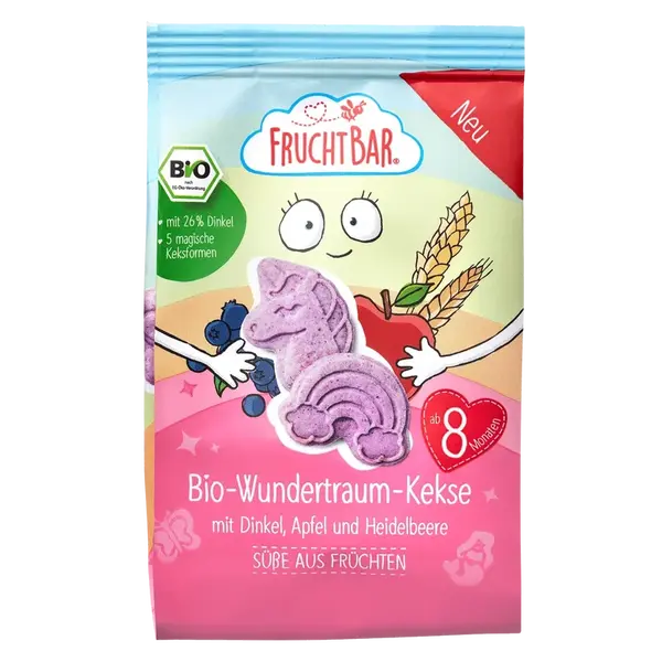 FRUCHTBAR BIO Špaldové maslové sušienky Jednorožec s príchuťou jablka a čučoriedok 100 g