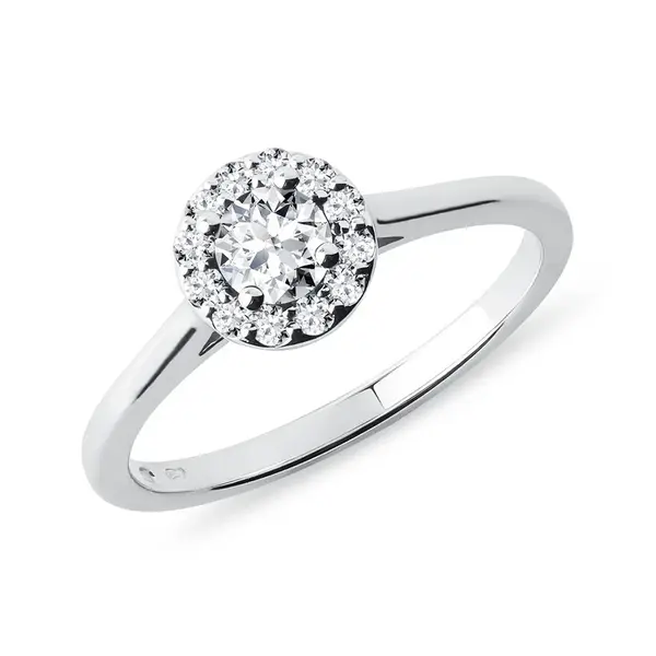 Diamantový halo prsten v bílém zlatě KLENOTA