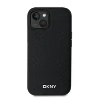 Zadní kryt DKNY PU Leather Silver Metal Logo Magsafe pro Apple iPhone 14, černá