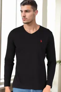 T9587 DEWBERRY V-NECK MEN'S LONG SLEEVE T-SHIRT-BLACK