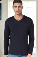 T9587 DEWBERRY V-NECK MEN'S LONG SLEEVE T-SHIRT-NAVY BLUE