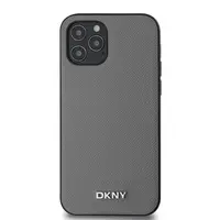 Zadní kryt DKNY PU Leather Silver Metal Logo Magsafe pro Apple iPhone 12/12 Pro, šedá