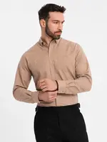 Ombre Men's linen shirt with classic collar and pockets REGULAR FIT - light brown