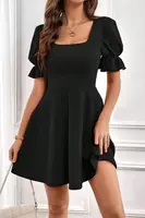 48753 Dewberry Mini Size Balloon Sleeve Crepe Dress-BLACK