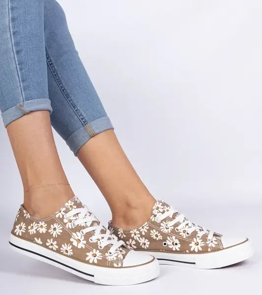 Gemre Brown women's fabric sneakers with flowers Lazates