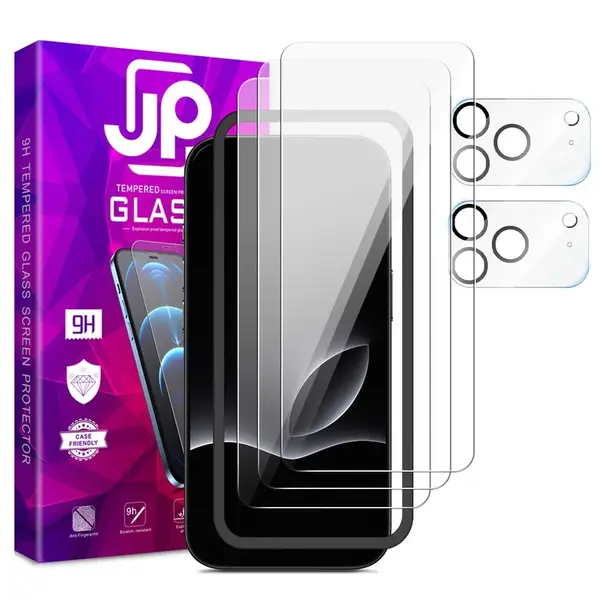 JP Mega Pack Tvrzených skel, 3 skla na telefon s aplikátorem + 2 skla na čočku, iPhone 17 Pro