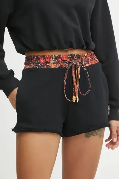Bavlněné šortky Just Cavalli dámské, černá barva, vzorované, high waist, 78PADE01 CF100