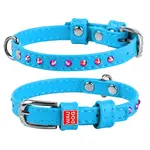 Plochý kožený obojok modrej farby s kryštálmi, Obvod krku: 27-36 cm, širka: 15 mm