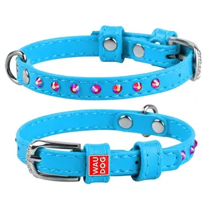 Plochý kožený obojok modrej farby s kryštálmi, Obvod krku: 27-36 cm, širka: 15 mm