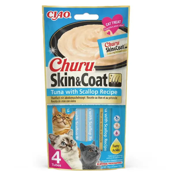 Inaba Cat Ciao Churu Skin & Coat krémové krmivo pro kočky - tuňák, hřebenatky 4 x (4 x 14 g)