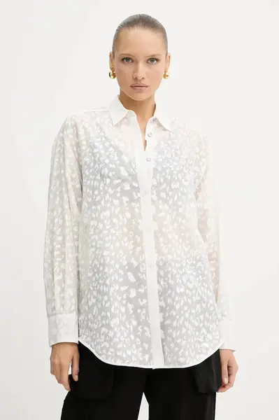 Košile s příměsí hedvábí Pinko dámská, bílá barva, relaxed, s klasickým límcem, 105259 A2MN