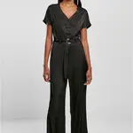 Women's satin jumpsuit with a wide belt in black