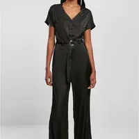 Women's satin jumpsuit with a wide belt in black