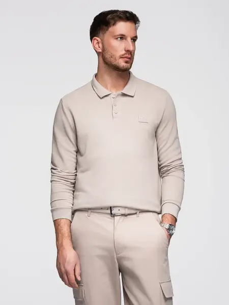 Ombre Men's structured polo longsleeve with patch - ash