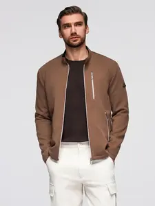 Ombre Men's structured biker jacket with stand-up collar - brown