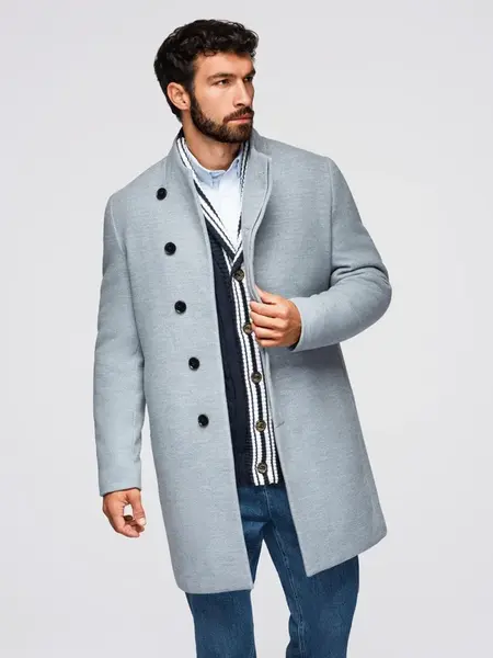 Ombre Men's coat with high collar and asymmetrical fastening - grey melange