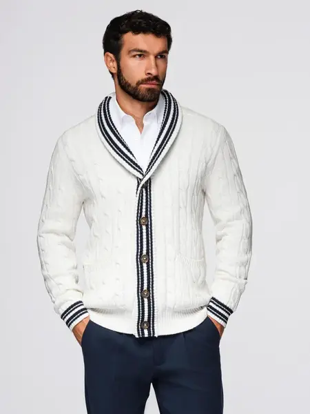 Ombre Men's cardigan sweater with shawl collar in preppy style - white