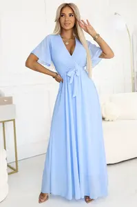 545-2 Long dress with pleated neckline and tie - light blue